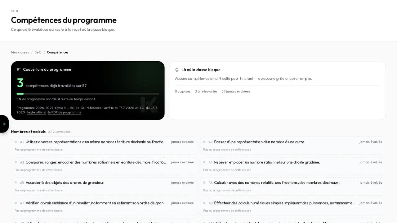 Écran des compétences : la couverture du programme, le nombre de compétences travaillées, et la liste des compétences avec leur état.
