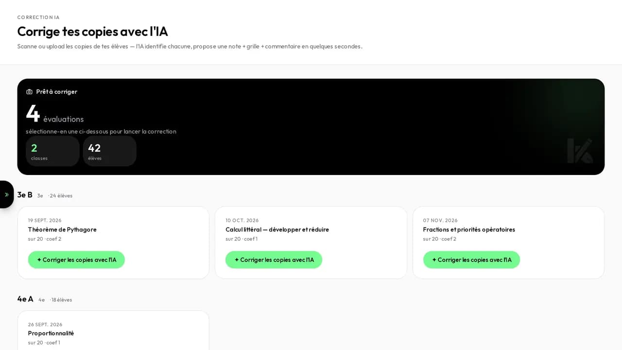 Écran « Corrige tes copies avec l'IA » : quatre évaluations prêtes à corriger, regroupées par classe, chacune avec son bouton de lancement.